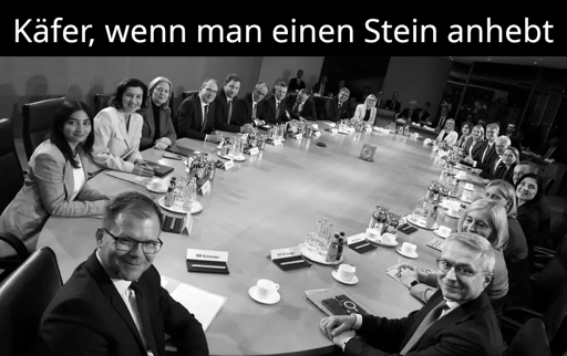 Bild des Bundeskabinetts in schwarz-weiß, alle schauen in die Kamera, in Weitwinkel mit der Überschrift "Käfer, wenn man einen Stein anhebt"